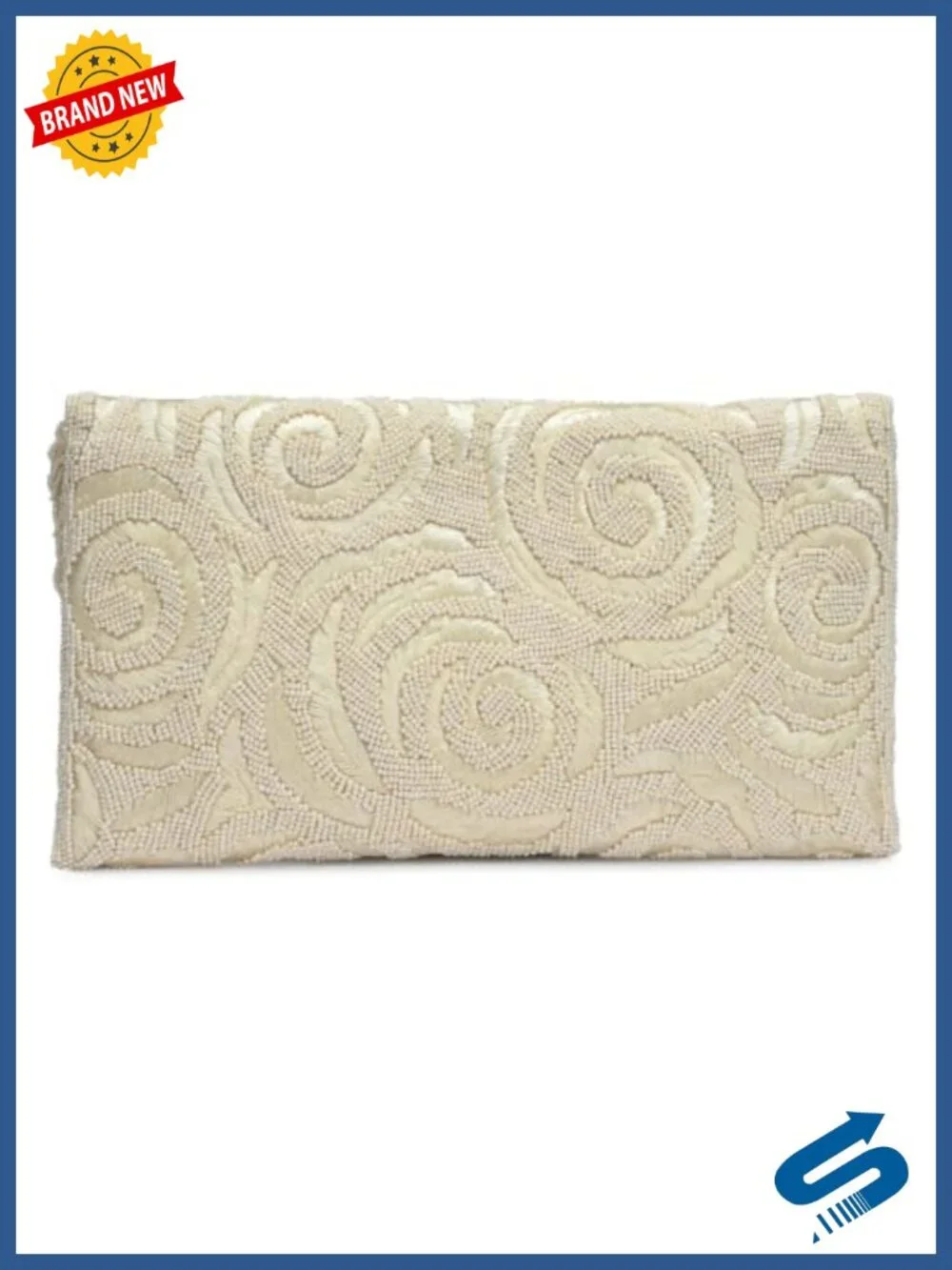 Silver Beaded Rose Embroidered Evening Clutch with Detachable Chain Strap